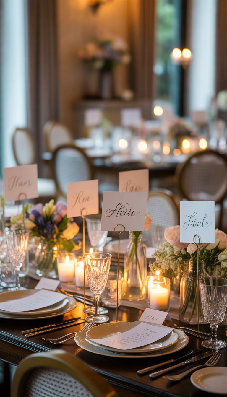 A wedding dinner table set with elegant place cards, floral centerpieces, candles, and fine tableware in a warmly lit reception area.